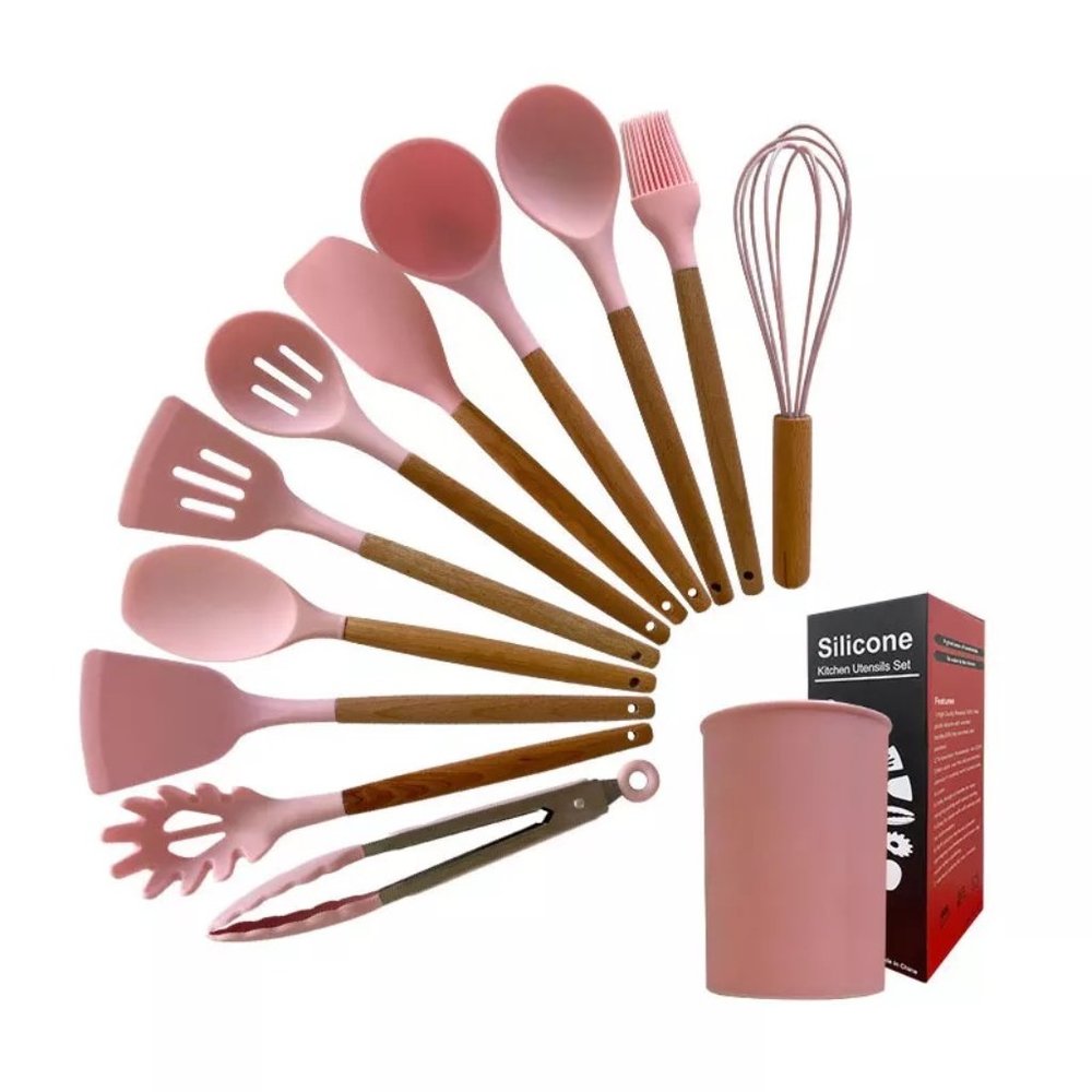 Kitchen Cooking Utensil Set 11 Pieces Silicone Wooden Handle High Heat Resistant